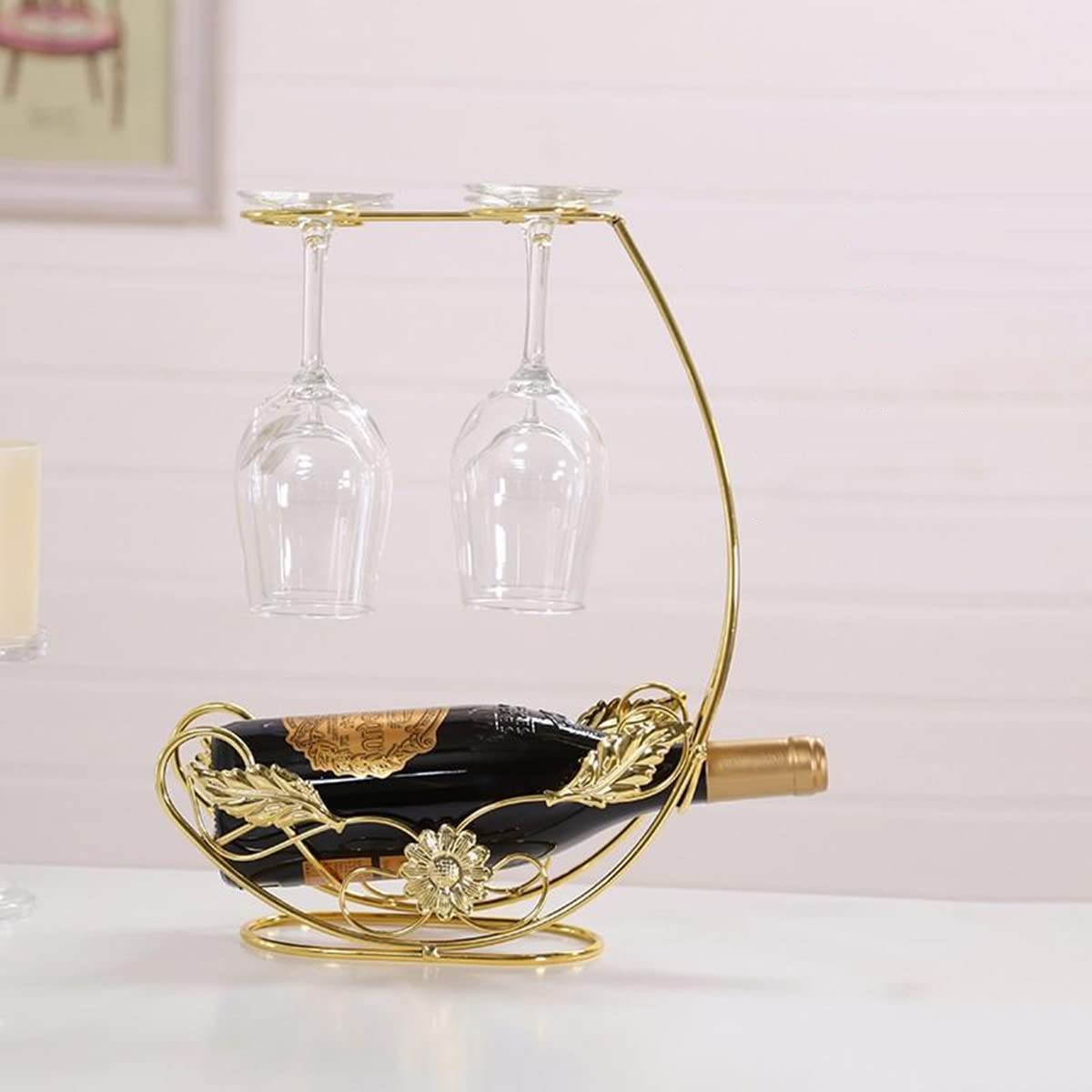 Homya Tabletop Wine Rack, Holds 4 Wine Glasses + 1 Bottle, Gold