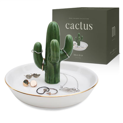 mono living Cactus Jewelry Holder and Ring Dish - Ceramic Succulent Decor for Kitchen Sink or Vanity - Cute Engagement, Birthday, or Mother’s Day Gifts for Women, Gold-Rimmed Trinket Tray