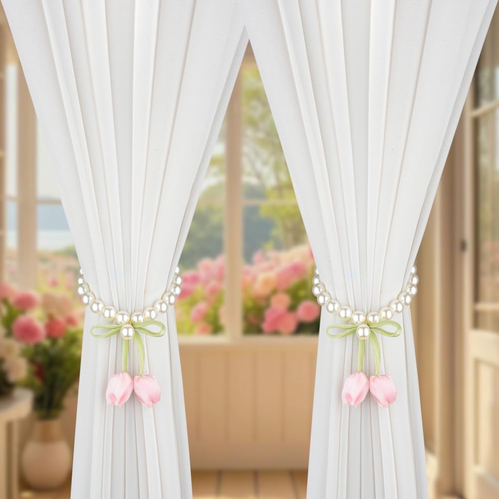 SUQ I OME 1 Pair of Handmade Tulip Flower Curtain Magnetic Tiebacks,Curtain Ties,Curtain Holdbacks for Home Office Decoration,Pink