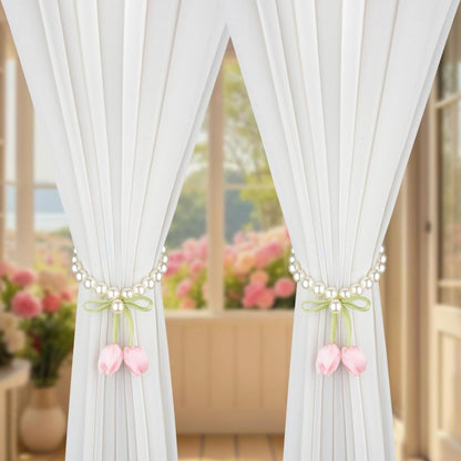 SUQ I OME 1 Pair of Handmade Tulip Flower Curtain Magnetic Tiebacks,Curtain Ties,Curtain Holdbacks for Home Office Decoration,Pink