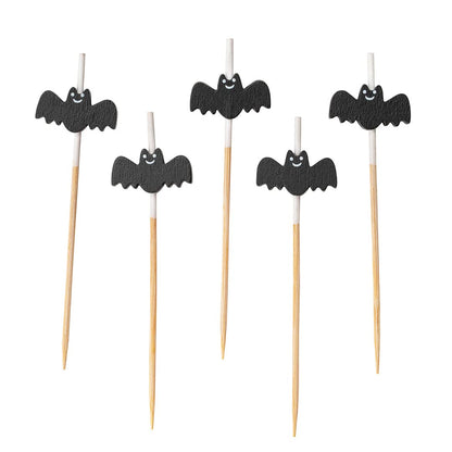 Restaurantware 3.5 Inch Halloween Skewers, 100 Pointed Bat Cupcake Toppers - Sturdy, Disposable, Black Bamboo Fall Food Picks, For Birthday Or Themed Party