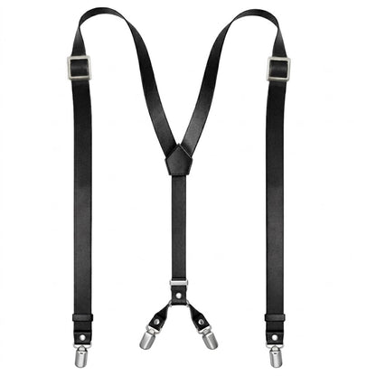 Voolup Leather Suspenders for Men Y-Back Adjustable with 4 Metal Clips Genuine Brown Wedding Groomsmen Gift (Black)