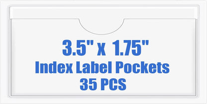 Origin-Joy 35 PCS Self Adhesive Index Card Pockets with Top Open, Clear Plastic Label Holder for Notes, Library and Business, Adhesive Label Pockets & Card Holder (3.5 x 1.75 inch)