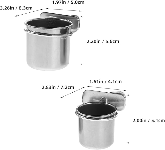 2pcs Stainless Steel Parrot Food Bowl with Clamp Holder, Bird Cage Feeding Coop Cups 4.4cm 5.5cm for Small Birds and Pet Parrots