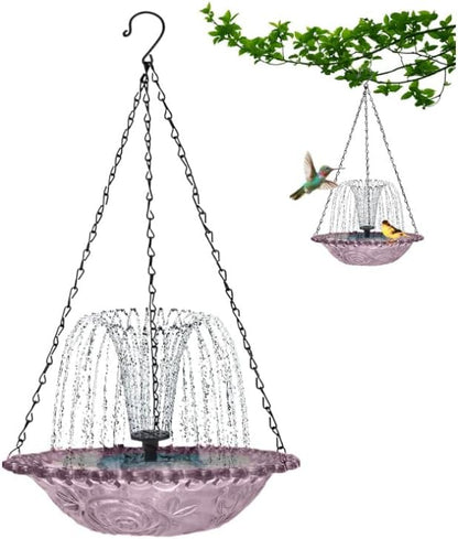 Hanging Solar Bird Bath Fountain with Water Pump, Plastic Basin, 4 Nozzles, Sturdy Metal Chains, Outdoor Garden Decor (Can Spray Water, Pink)