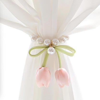 SUQ I OME 1 Pair of Handmade Tulip Flower Curtain Magnetic Tiebacks,Curtain Ties,Curtain Holdbacks for Home Office Decoration,Pink
