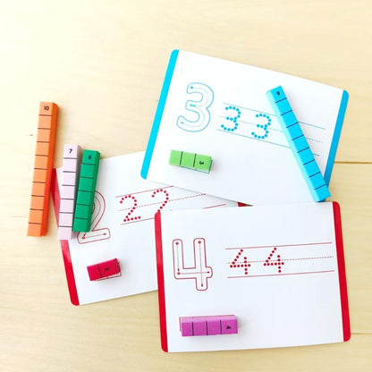 Math Task Boxes Set of 5 Math Manipulatives Themes 230+ Pieces of Number Rods, Base Ten Blocks, Ten Frame Disc Counters, Place Value Blocks, 0-9 Numbers, 3D Shapes, Activity Cards (Number Rods)