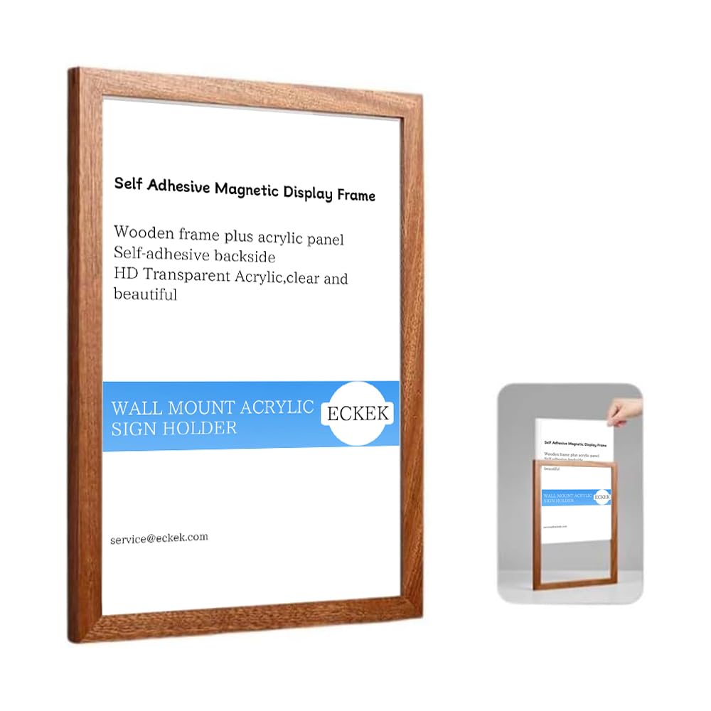 ECKEK Wall Mount Acrylic Sign Holder Self Adhesive Magnetic Display Frame Clear Document Frame for Office, Store, School, Home, Wall Picture Frame (Sapele Wood A3 297×420mm/11.69×16.54inches)