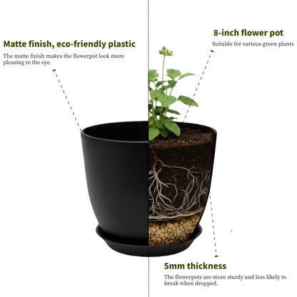 Vanslogreen Plant Pots 8 Inch Set of 6, Flower Pots with Drainage Holes and Saucer, Plastic Garden Planters for Indoor & Outdoor Plants (Black)