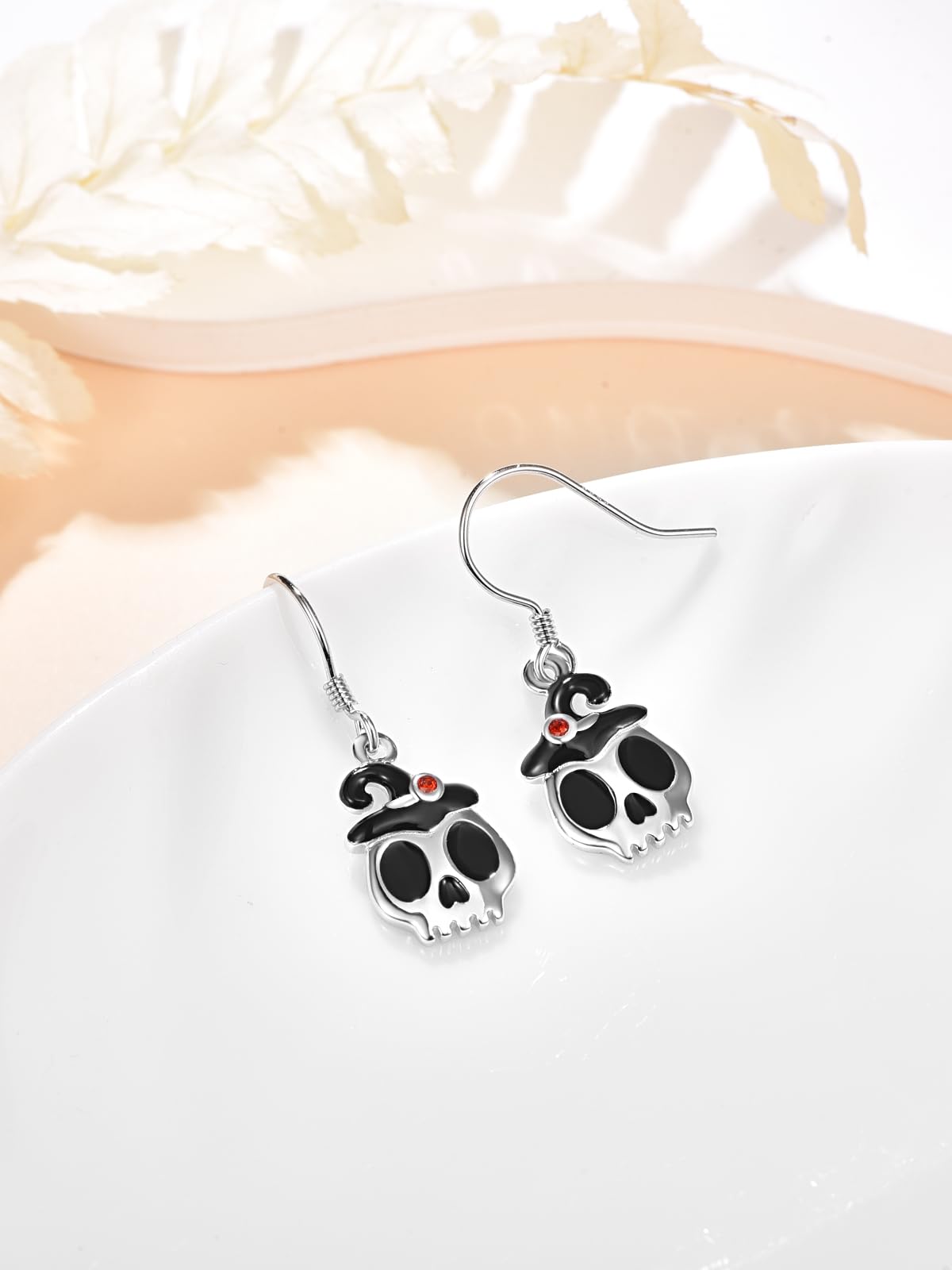 KINGWHYTE Skull Earrings 925 Sterling Silver Gothic Spooky Halloween Earrings Dangle Skull Earrings with Hat Halloween Jewelry Gifts for Women