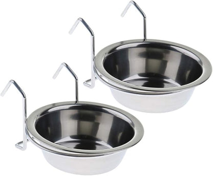 2 Pcs Stainless Steel Bird Parrot Feeding Cups Cage Hanging Bowl, Bird Coop Cups Seed Water Food Dish Feeder Bowl