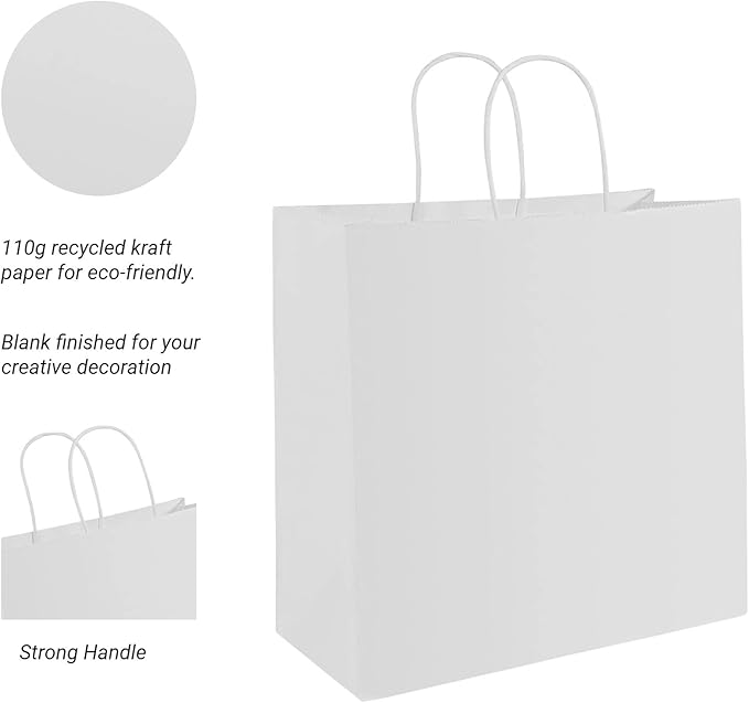 PAICUIKE 50 Pcs White Kraft Paper Bags with Handles, 11x6x11 Inch Shopping Gift Bags for Valentine’s Day, Retail, Parties, Weddings, Birthdays, Gift Packaging