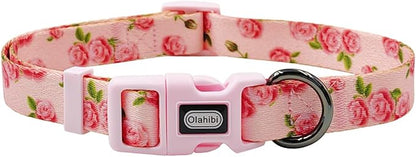 Dog Collar Leash Set, Floral Pattern, Polyester Material, Adjustable Collar and 5ft Matching Leash, for Small Dogs.(S, Pink Rose)