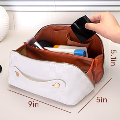 BIVIZKU Checkered Makeup Bag,180° Flat Open Cosmetic Bag for Women,Large Capacity Travel Toiletry Bag with Brush Pouch,Waterproof PU Leather Make Up Organizer for Skincare & Makeup (white-checkered)