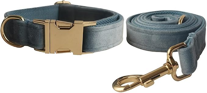 Love Dream Velvet Dog Collar and Leash Set, Soft & Comfy Adjustable Dog Leash and Collar with Heavy Duty Metal Buckle for Small Medium Large Dogs Training & Walking (Medium, Pearl Blue)