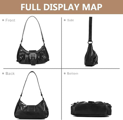 AFMKTICA Y2K Trendy Purse for Women, Leather Buckle Punk Hobo Clutch Purses Bags for Ladies Top Handle Shoulder Bag (Deep black)