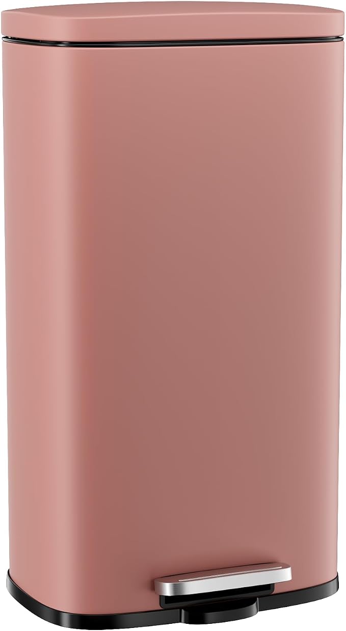 Arlopu 8/13.2 Gallon Step Trash Can, Stainless Steel Garbage Bin, Soft-Close Rubbish Bin with Removable Plastic Inner Bucket, Fingerprint-Proof, Lid Dustbin, Suit for Kitchen Home (Pink, 50L)