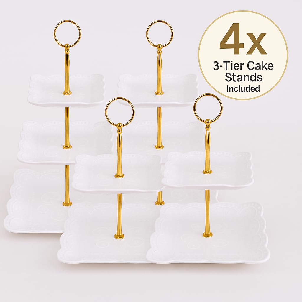 SMARTGUIVAL 13-Piece Cake Display Set, 4 Square 3-Tier Cupcake Stands, Large Cake Stand, 6 Rectangular Trays, Golden Tongs & Server – Dessert Table Display for Weddings, Baby Showers & Parties