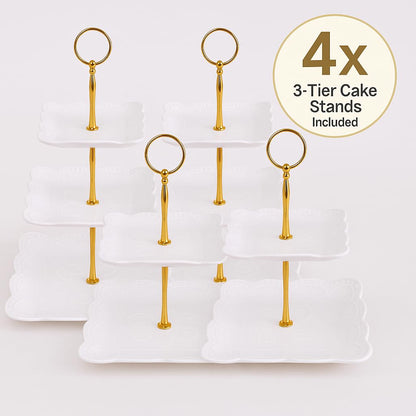 SMARTGUIVAL 13-Piece Cake Display Set, 4 Square 3-Tier Cupcake Stands, Large Cake Stand, 6 Rectangular Trays, Golden Tongs & Server – Dessert Table Display for Weddings, Baby Showers & Parties