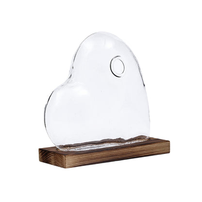 Heart Shaped Glass Vase with Wooden Base, Plant Terrarium Propagation Station for Windowsill Desk Decor (5.1x4.7 inch)