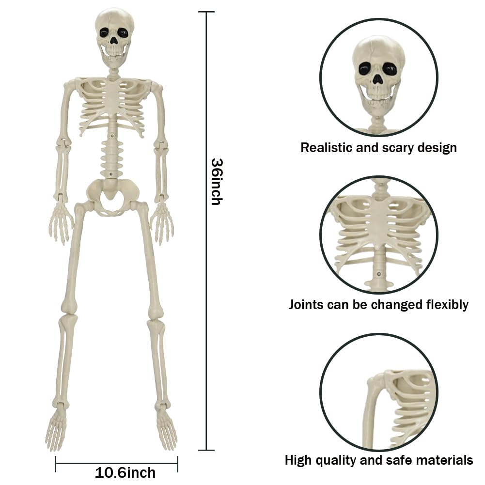 UMEELR 36in/3ft Life Size Posable Skeleton, Plastic Full Body with Movable Joints Skeleton for Halloween Party Prop Graveyard Haunted House Decorations