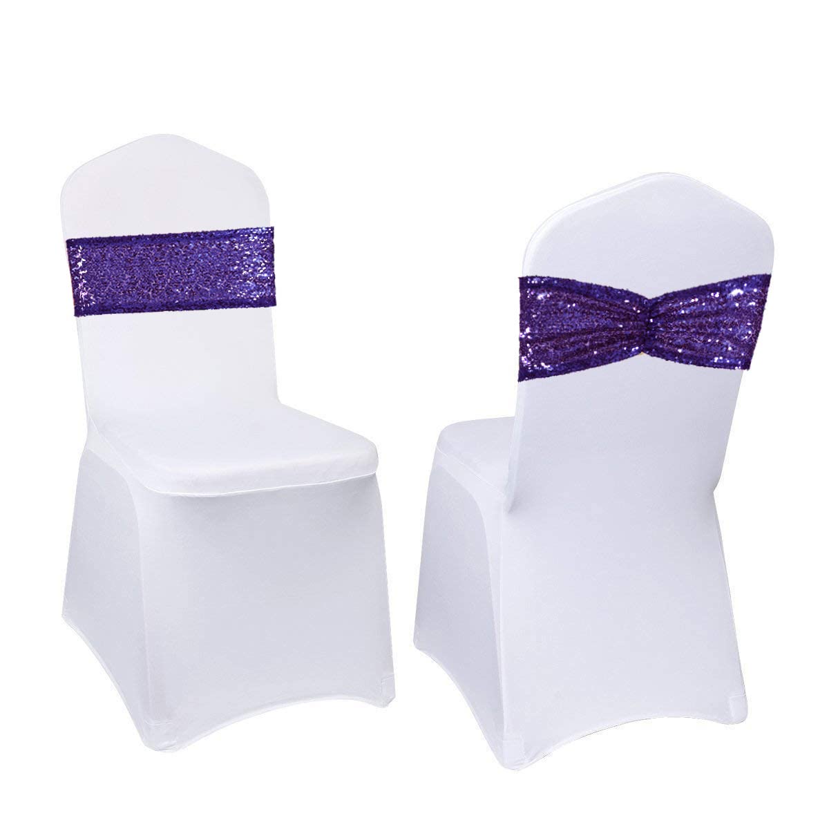 Eternal Beauty Pack of 50 Purple Chair Sashes Band Bows Sequin Chair Sashes for Wedding Cover Decorations