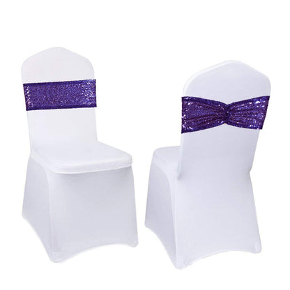 Eternal Beauty Pack of 50 Purple Chair Sashes Band Bows Sequin Chair Sashes for Wedding Cover Decorations
