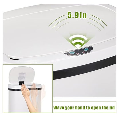 13 Gallon 50 Liter Garbage Can Kitchen Trash Can with Lid Automatic Sensor Touch Free Stainless Steel Waste Bin for Bathroom Bedroom Home Office,White