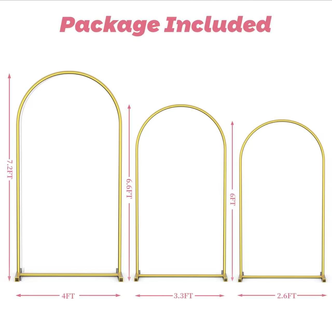 Vowparty Arch Backdrop Stand Set of 3 (7.2FT,6.6FT,6FT), Gold Metal Arch Stand for Wedding Ceremony, Birthday Party, Baby Shower, Graduation, Floral Balloon Decoration