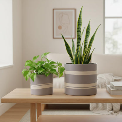 Nihow Modern Ceramic Plant Pot - 5 + 7 Inch Flower Pot for All Indoor Plants - Sturdy Planter Pots with Drainage Hole & Rubber Plugs - Semi-Matte Gray & Nature - Plants Not Included