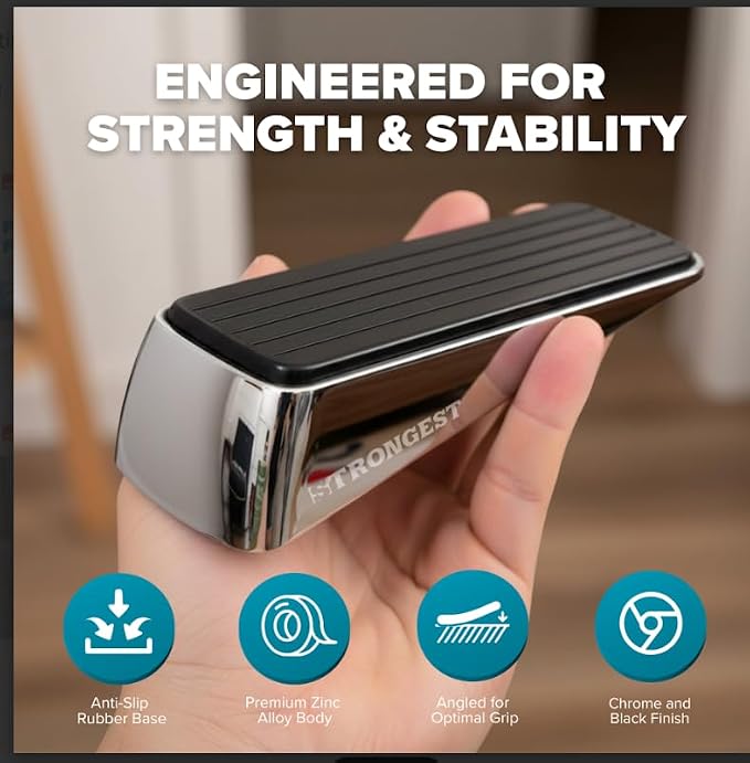 STRONGEST HOME Stoppers for Bottom of Door – Heavy Duty Metal Rubber Door Stopper, Non-Slip Door Stop for Heavy Doors, Works on Wood, Tile & Carpet Floors Wedge Chrome 4 PCs + 4 White Wall Protectors