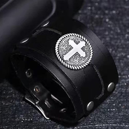 NIGHTCRUZ Wide Leather Bracelet with Cross, Medieval Leather Cuff Wristband for Mens