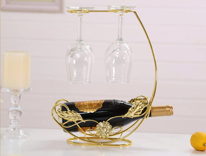 Homya Tabletop Wine Rack, Holds 4 Wine Glasses + 1 Bottle, Gold