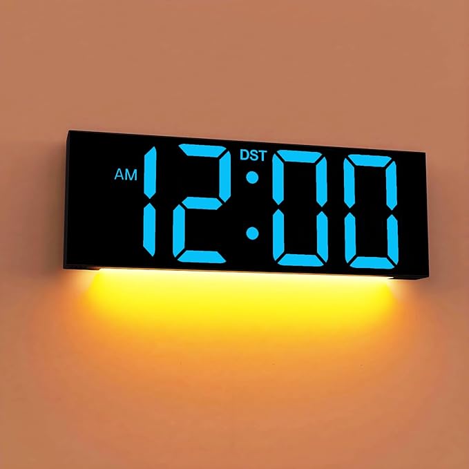 JALL 12" Large Digital Wall Clock, Big LED Number Dispaly, DST, Night Light for Classroom, Living Room, Bedroom, Mounted, Birthday Xmas Gift for Senior, Mem Womem Mom Dad, Blue