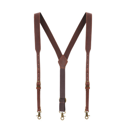 Tourbon Genuine Leather Suspenders for Men Heavy Duty Y Back Design Adjustable Straps with 3 Metal Snap Hooks, Brown