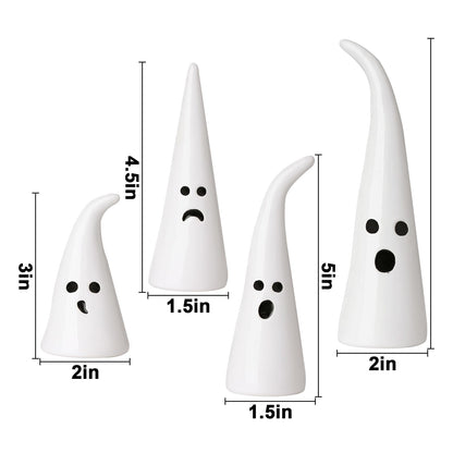 Pawliss Halloween Decor Ceramic Ghost: 4 pcs Cute Halloween Decorations Indoor, Rustic Witch Hat Shape Ghost Figurine, Farmhouse Table Desk Tiered Tray Mantel Fireplace Decor for Kids Home Office