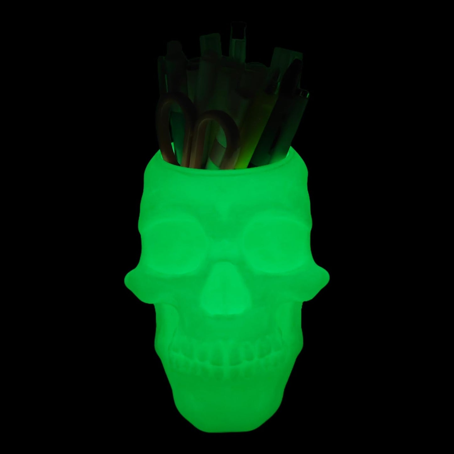 3D Printed Skull Pen Pencil Holder, Makeup Brush Holder, Vanty Desk Office Organzer Goth Decorations Gothic Skulls & Bones Large Capacity Organizer (Luminous)