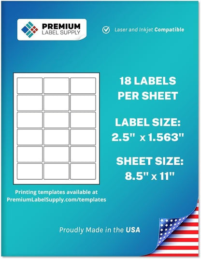 Premium Label Supply White Sticker Rectangle Labels – 2.5" x 1.563" – Laser/Inkjet Compatible – (18 per Sheet), 25 Sheets – 450 Total Adhesive Labels
