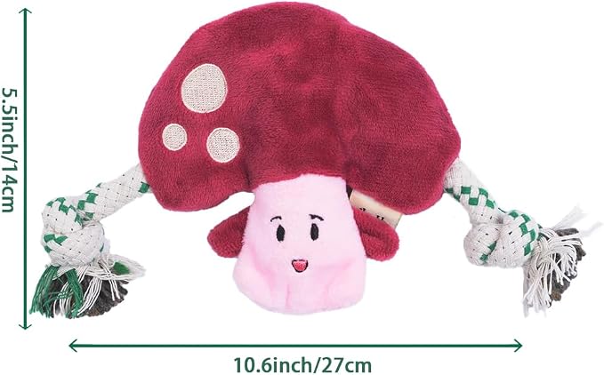 Green Sheep Puppy Plush Dog Toy, No Stuffing Squeaky Toy with Recycled Cotton Rope for Teething, Comfort and Gentle Play, Small Dogs and Puppies, Mushroom