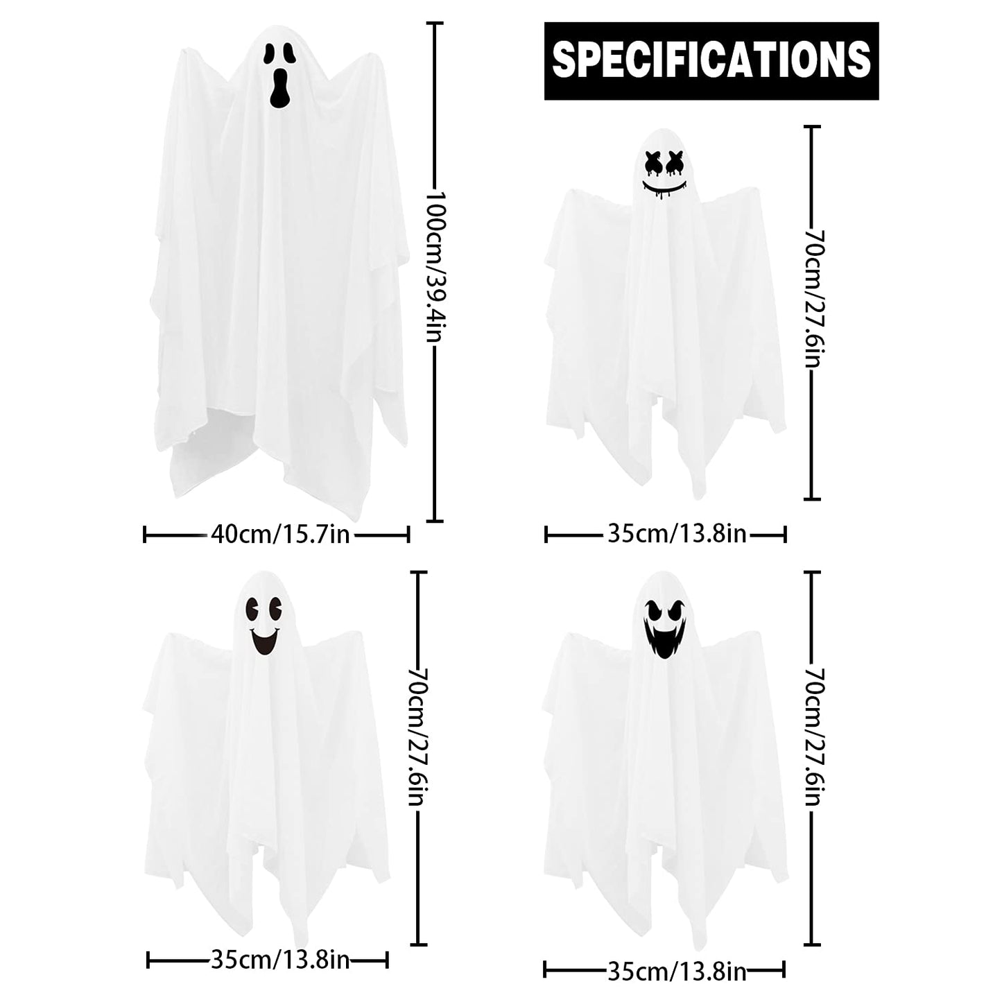 CCINEE 4 Pack Halloween Hanging Ghosts Decorations, 27.5“ and 35.5” Flying Outdoor Ghosts Assorted for Halloween Front Yard Patio Lawn Garden Party Supply