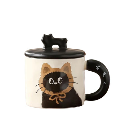 BONTOUJOUR Super Cute Black Cat Coffee Mug, Creative Funny Novelty Lovely Kawai Wearing Scarf Happy Tea Cup+ Kitty lid, Lover Couple Best Friend Friendship Valentine Water Cup, Cat Lover Gift -Brown