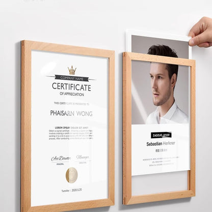ECKEK Wall Mount Acrylic Sign Holder Self Adhesive Magnetic Display Frame Clear Document Frame for Office, Store, School, Home, Wall Picture Frame (Walnut A3 297×420mm/11.69×16.54inches)