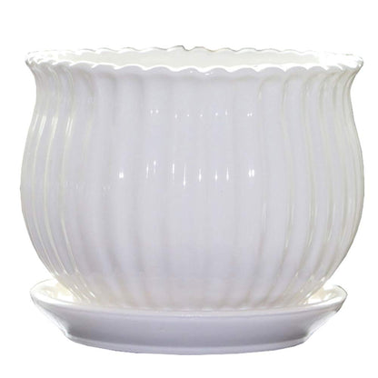 Yesland Ceramic Flower Plant Pots with Saucer, Set of 3 in Different Sizes, Modern Round Ceramic Succulent Planter Pots with White Stripe Texture for Garden