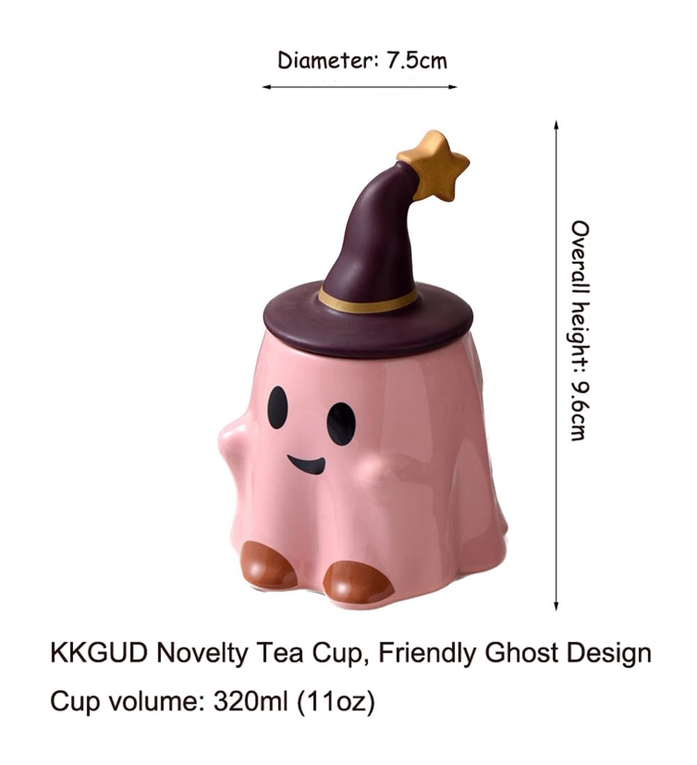 KKGUD Novelty Tea Cup, Ceramic 11oz Halloween Coffee Mug with Lid- Friendly Ghost (Pink)