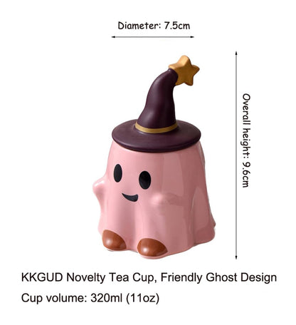 KKGUD Novelty Tea Cup, Ceramic 11oz Halloween Coffee Mug with Lid- Friendly Ghost (Pink)