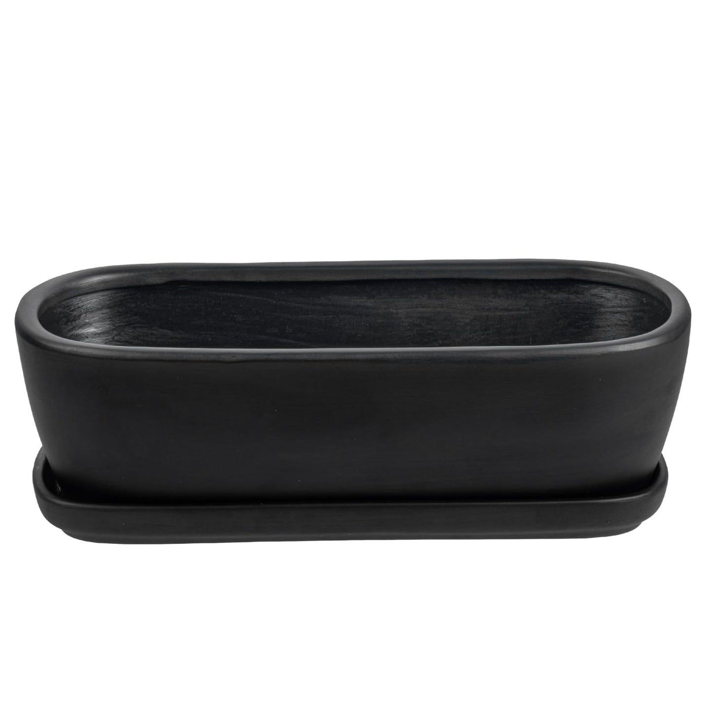 MyGift 14 Inch Oval Modern Matte Black Ceramic Succulent Planter Pot with Drainage Hole and Removable Saucer, Decorative Indoor House Plant Container for Flowers, Cactus, Herbs