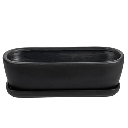 MyGift 14 Inch Oval Modern Matte Black Ceramic Succulent Planter Pot with Drainage Hole and Removable Saucer, Decorative Indoor House Plant Container for Flowers, Cactus, Herbs
