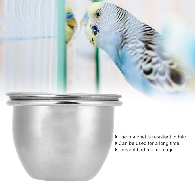 SYH&AQYE Stainless Steel Bird Food Water Coop Cup, Bird Feeding Dish Feeder with Clamp Holder for Macaw African Greys Budgies (8.5cm)