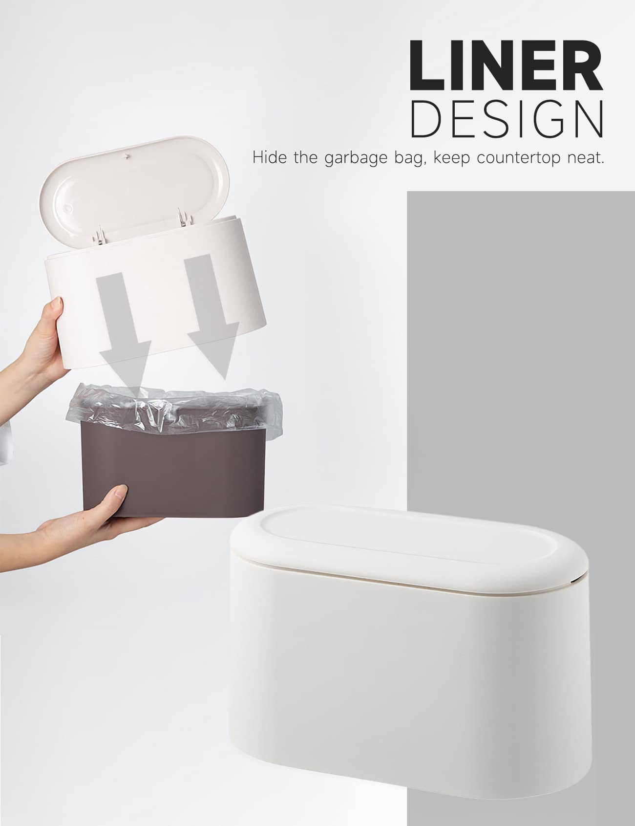 MONGTINGLU Mini Trash Can with Lid Removable Small Garbage Can, Tiny Plastic Trash Bin, Pop Up Countertop Wastebasket, Counter Garbage Lint Bin for Bathroom,Office,Kitchen,Desk(White)