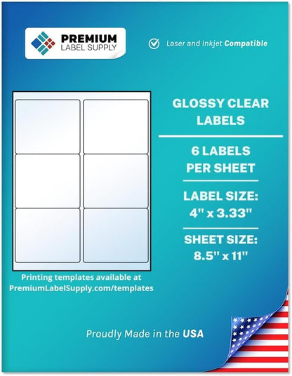 Premium Label Supply Glossy Clear Mailing Labels – 4" x 3.33" – Laser/Inkjet Compatible – (6 per Sheet), 25 Sheets – 150 Total Adhesive Labels